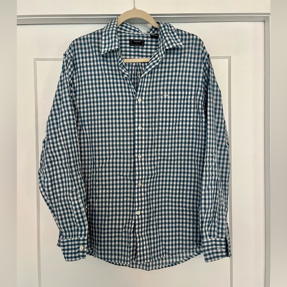 Dockers Classic Fit Blue Gingham Long Sleeve Button Up Shirt Men’s Sz L